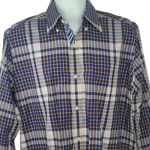 Tailorbyrd Collection Dress Shirt Large Blue Brown Plaid Mens Career Long Sleeve